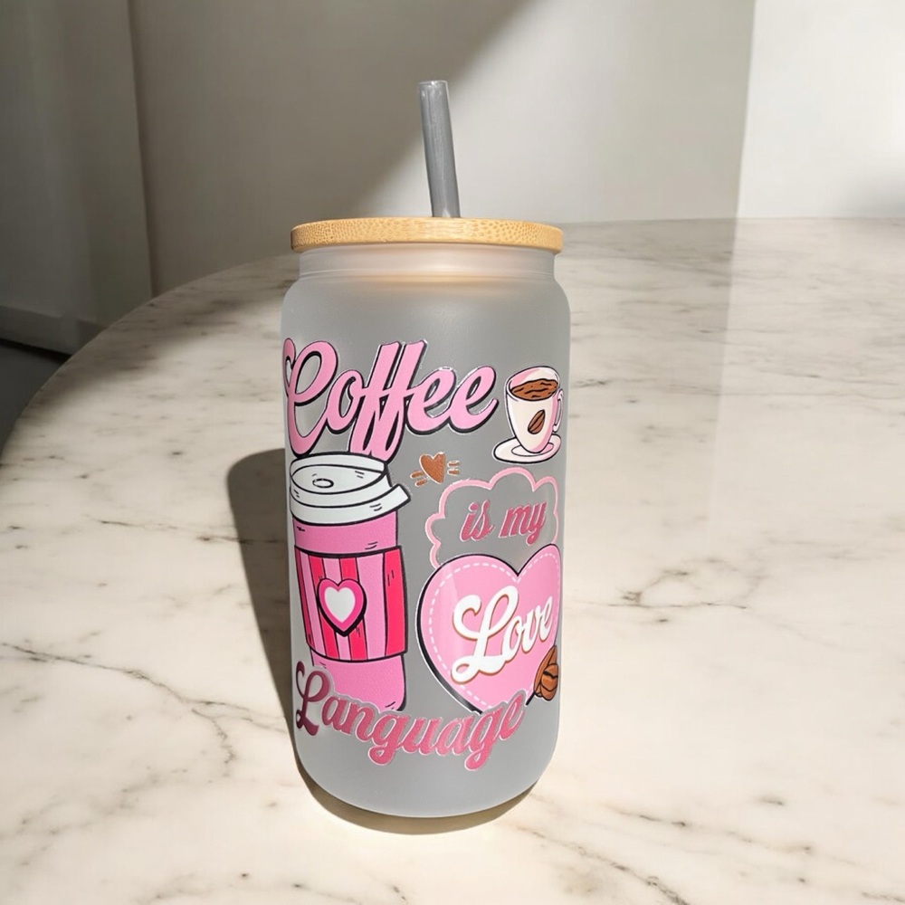 Coffee is my love language handmade glass can cup with bamboo lid and straw - Picture 3 of 4